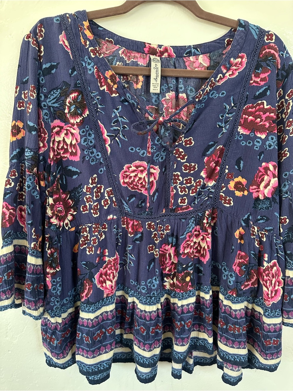 American Rag Navy Floral Peasant Tunic with Pink Accents